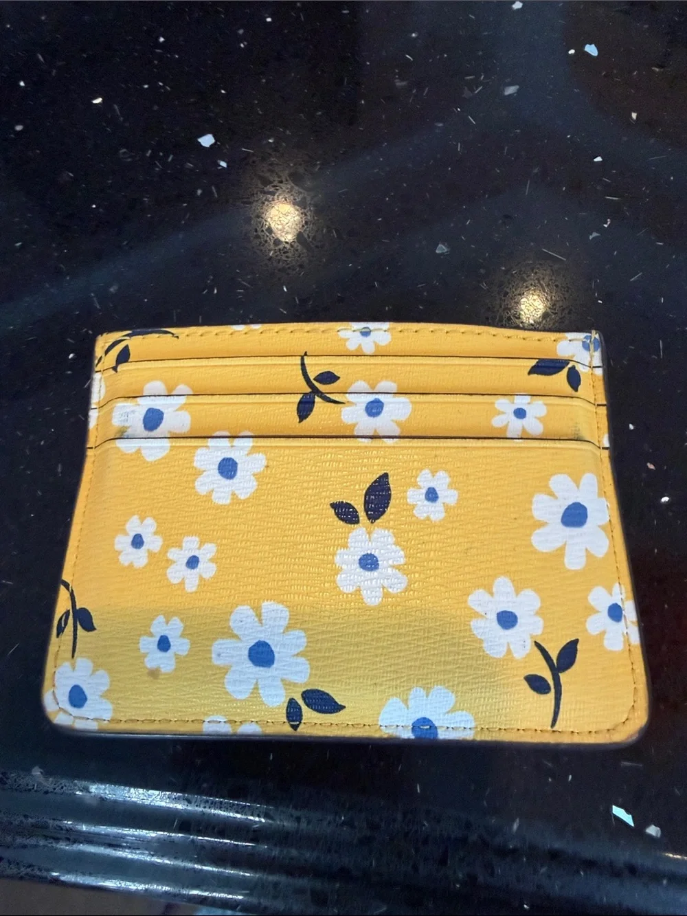 kate spade Yellow Floral Card Holder with White & Blue Flowers and Gold Logo